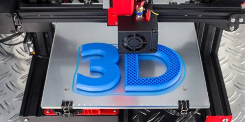 Red black 3D printer printing blue logo symbol on metal diamond plate future technology modern concept background
